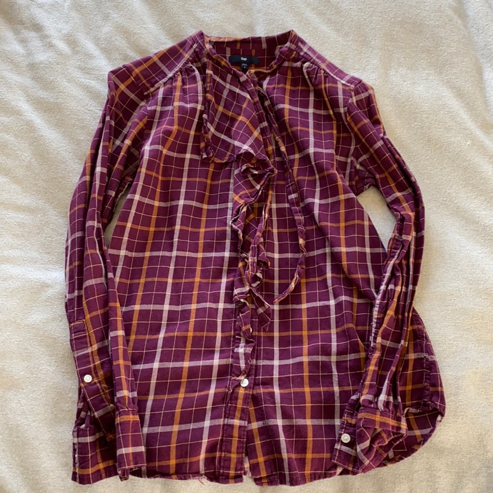Gap Plaid Ruffle Button Down Blouse